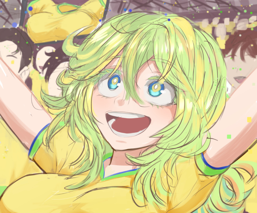 1girl :d arms_up blue_eyes boku_no_hero_academia crowd green_hair hagakure_tooru invisible jersey light_green_hair luizhtx messy_hair open_mouth people smile soccer solo_focus stadium unusually_visible