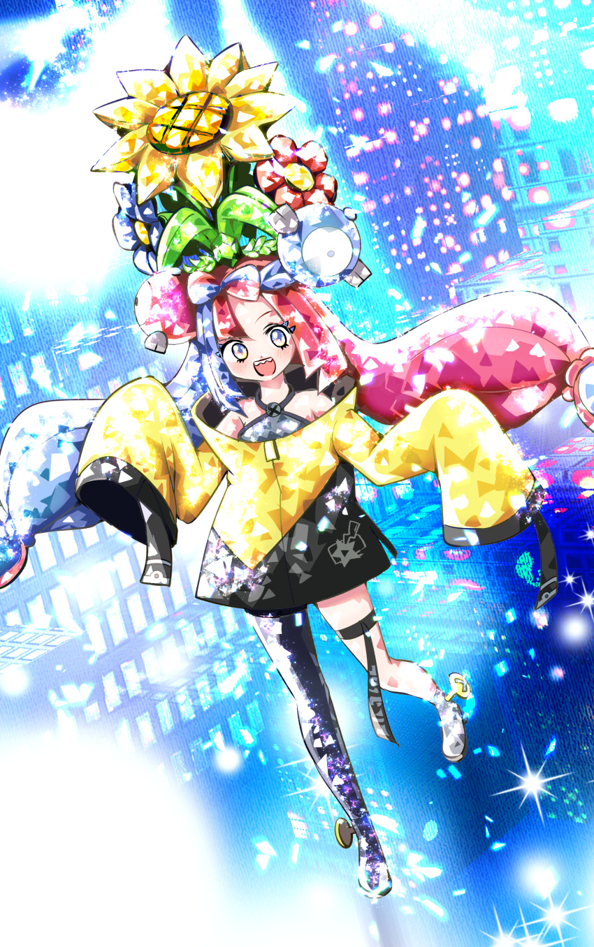 1girl absurdres bow-shaped_hair character_hair_ornament flower flower_on_head grey_pantyhose hair_ornament hexagon_print highres iono_(pokemon) jacket multicolored_hair oversized_clothes pantyhose pokemon pokemon_(game) pokemon_sv sharp_teeth sleeves_past_fingers sleeves_past_wrists solo split-color_hair teeth temimin terastal twintails very_long_sleeves x yellow_jacket