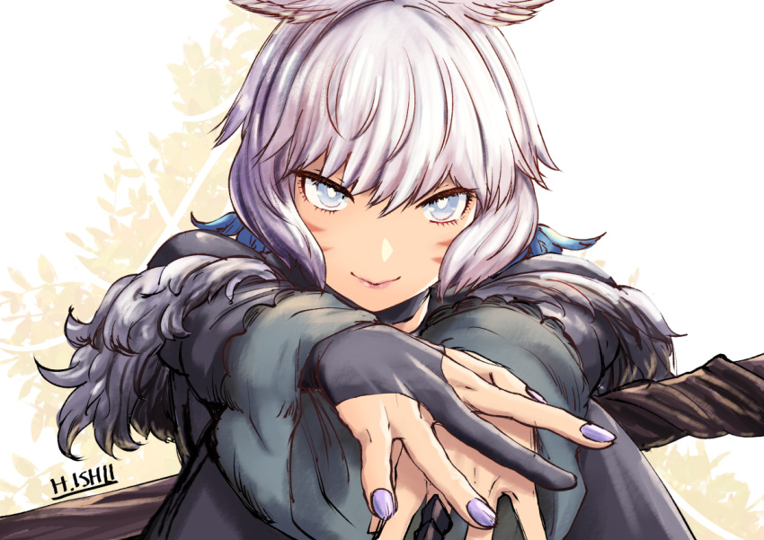 1girl animal_ears black_gloves cat_ears closed_mouth facial_mark final_fantasy final_fantasy_xiv fingernails gloves grey_eyes ishii_hisao looking_at_viewer medium_hair miqo'te partially_fingerless_gloves purple_nails reaching_towards_viewer robe signature smile solo whisker_markings white_hair y'shtola_rhul