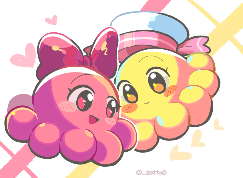 :d artist_name blush blush_stickers bow chuchu_(kirby) closed_mouth commentary_request full_body hat heart highres kirby_(series) looking_at_another miru_(milusour) no_humans nyupun_(kirby) octopus open_mouth pink_bow pink_eyes sailor_hat simple_background smile twitter_username white_background white_headwear yellow_eyes