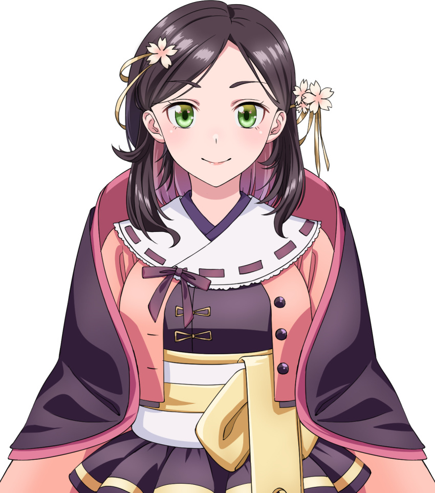 1girl brown_hair closed_mouth colored_inner_hair flower green_eyes hair_flower hair_ornament highres ishii_hisao japanese_clothes kimono looking_at_viewer medium_hair multicolored_hair obi original pink_hair sash simple_background smile solo white_background