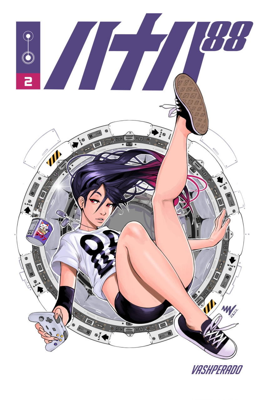 1girl 88_(vashperado) bags_under_eyes black_footwear black_shorts breasts controller cover cover_page dog_tags elbow_pads english_commentary floating_hair full_body game_controller gamepad gradient_hair highres holding lips long_hair looking_to_the_side multicolored_hair original purple_hair ramen red_eyes shirt shoes short_shorts shorts single_elbow_pad small_breasts sneakers solo spacecraft_interior t-shirt vashperado white_shirt wireless zero_gravity