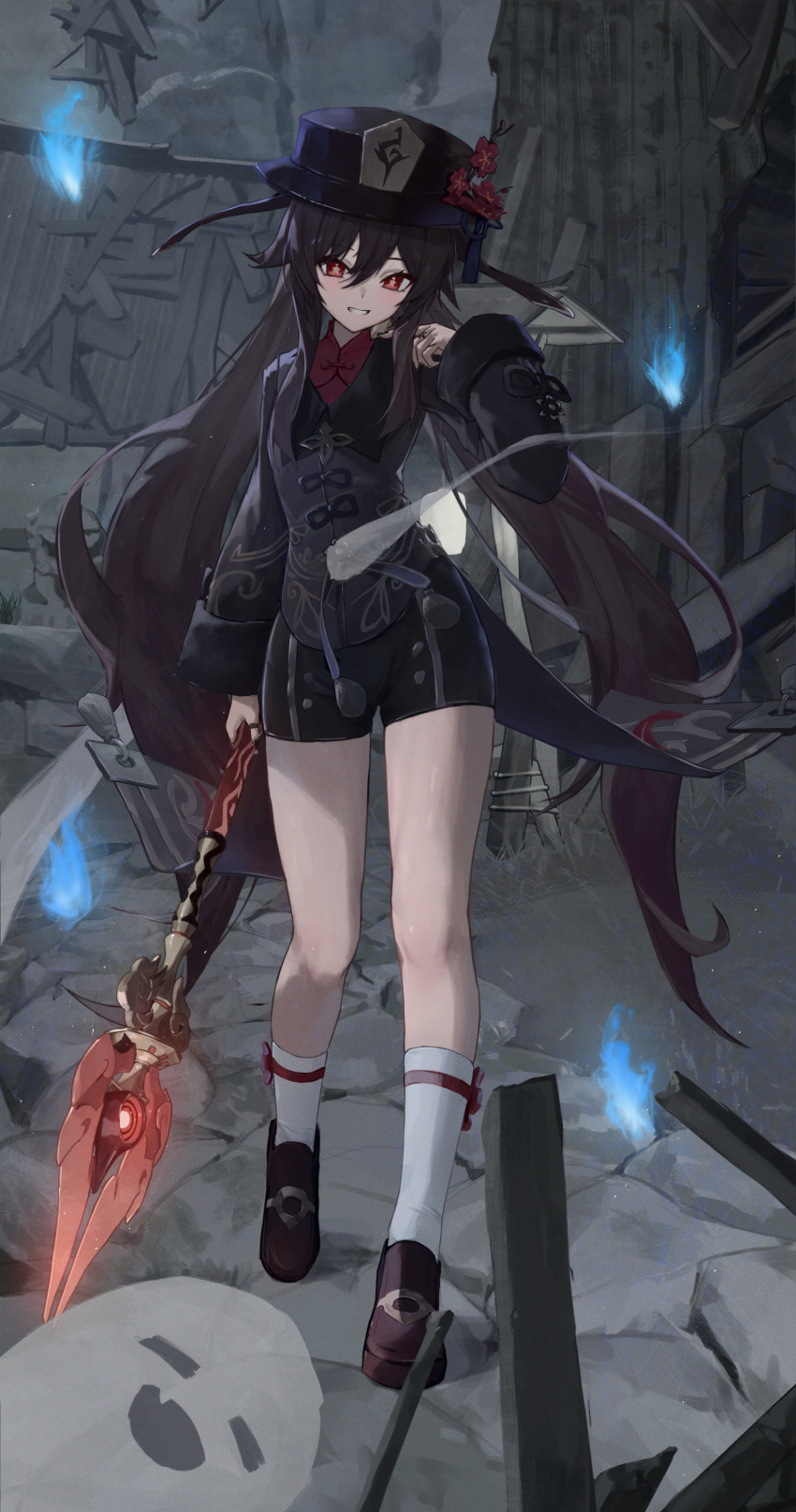 1girl absurdres bangs black_headwear black_shorts blue_fire boo_tao_(genshin_impact) brown_coat brown_footwear coat coattails fire flower flower-shaped_pupils full_body genshin_impact ghost grin hair_between_eyes hand_up hat hat_flower highres holding holding_polearm holding_weapon hu_tao_(genshin_impact) long_hair long_sleeves looking_at_viewer night outdoors plum_blossoms polearm porkpie_hat red_eyes red_flower ruins short_shorts shorts sidelocks smile socks solo staff_of_homa_(genshin_impact) standing symbol-shaped_pupils thighs toi1et_paper twintails very_long_hair weapon white_socks