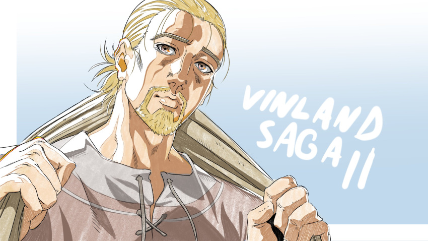 1boy beard blonde_hair brown_eyes character_request closed_mouth copyright_name facial_hair grandguerrilla highres looking_at_viewer male_focus ponytail shirt solo towel towel_around_neck upper_body vinland_saga