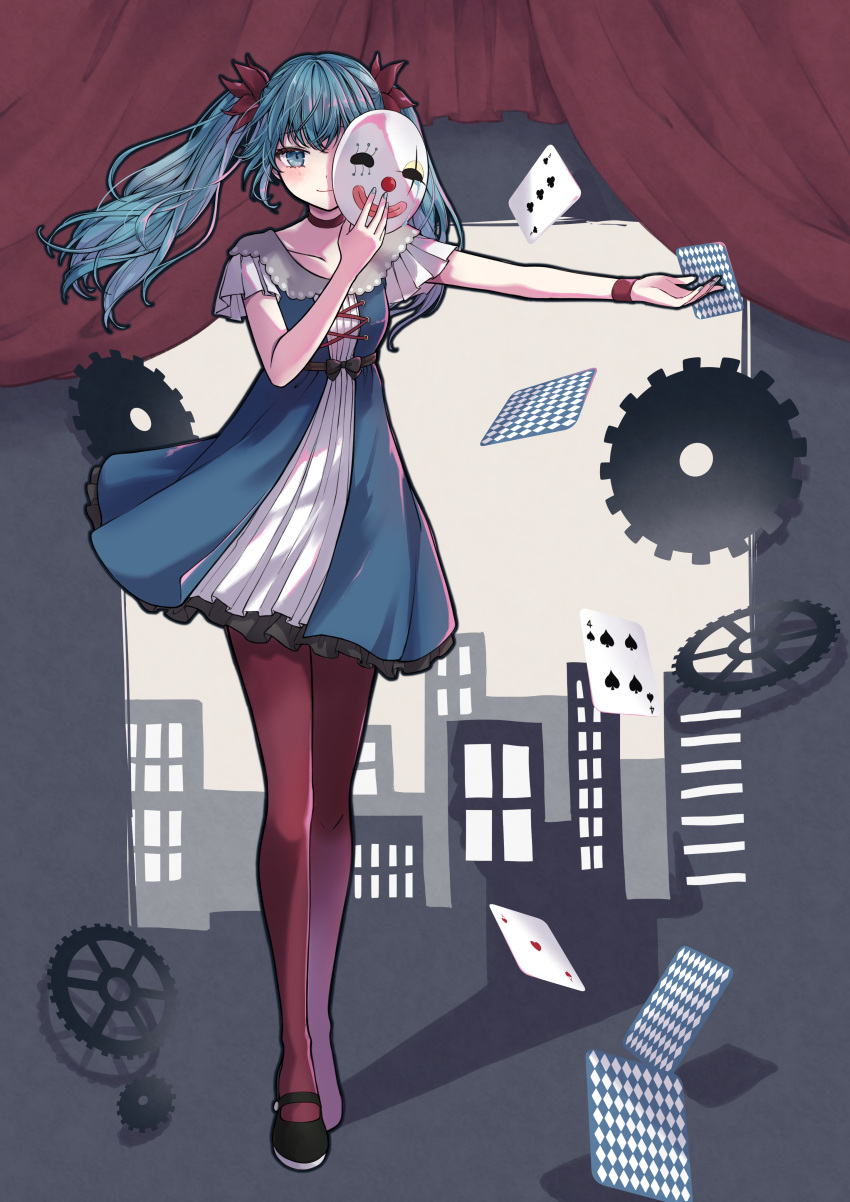 1girl absurdres blue_eyes blue_hair blush bracelet card choker city clown_mask covering_face curtains dress gears hatsune_miku highres holding holding_mask jewelry karakuri_pierrot_(vocaloid) long_hair mask nagitofuu outstretched_arm pantyhose playing_card short_sleeves smile solo twintails vocaloid