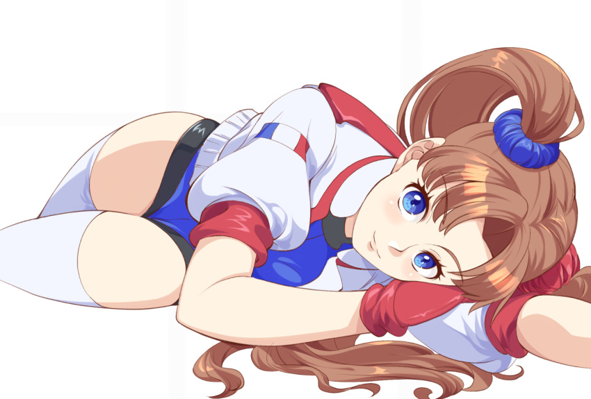 1girl 34_(sanjushi) athletic_leotard blue_eyes blue_leotard brown_hair gloves jacket leotard long_hair looking_at_viewer lying numan_athletics on_side outstretched_arm red_gloves scrunchie sharon_les_halles short_sleeves smile solo thigh-highs thighs twintails white_jacket white_thighhighs