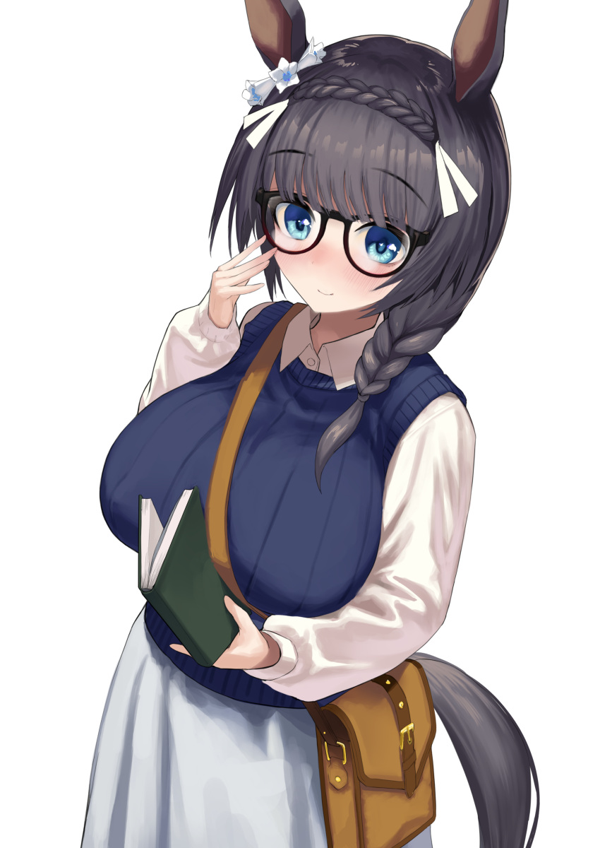 1girl absurdres animal_ears bag black-framed_eyewear black_hair blue_eyes book braid breasts collared_shirt commentary_request crown_braid gen_(black_factory) hair_over_shoulder highres holding holding_book horse_ears horse_girl horse_tail large_breasts long_hair long_sleeves puffy_long_sleeves puffy_sleeves shirt shoulder_bag simple_background single_braid skirt solo sweater_vest tail umamusume white_background white_shirt white_skirt zenno_rob_roy_(umamusume)