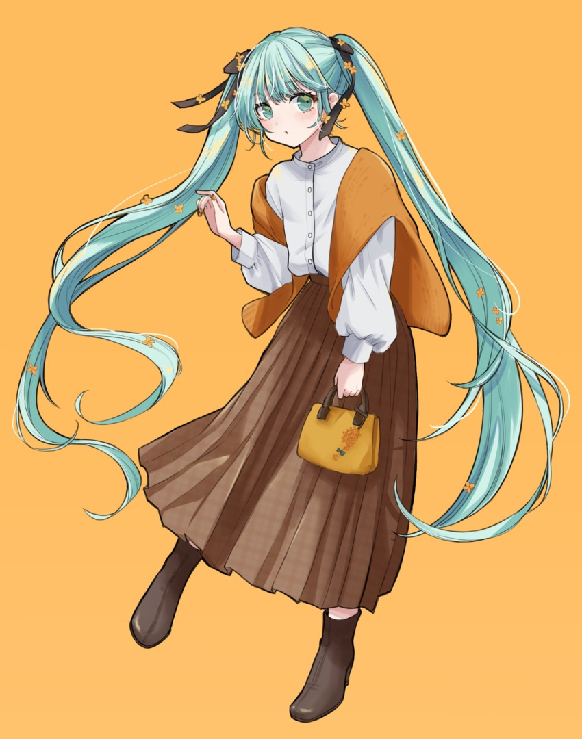 1girl bag bangs blue_eyes blue_hair blush boots flower hair_flower hair_ornament hair_ribbon handbag hatsune_miku highres holding holding_bag long_hair long_skirt long_sleeves nagitofuu nail_polish pleated_skirt puffy_long_sleeves puffy_sleeves ribbon shawl shirt_tucked_in skirt solo twintails very_long_hair vocaloid