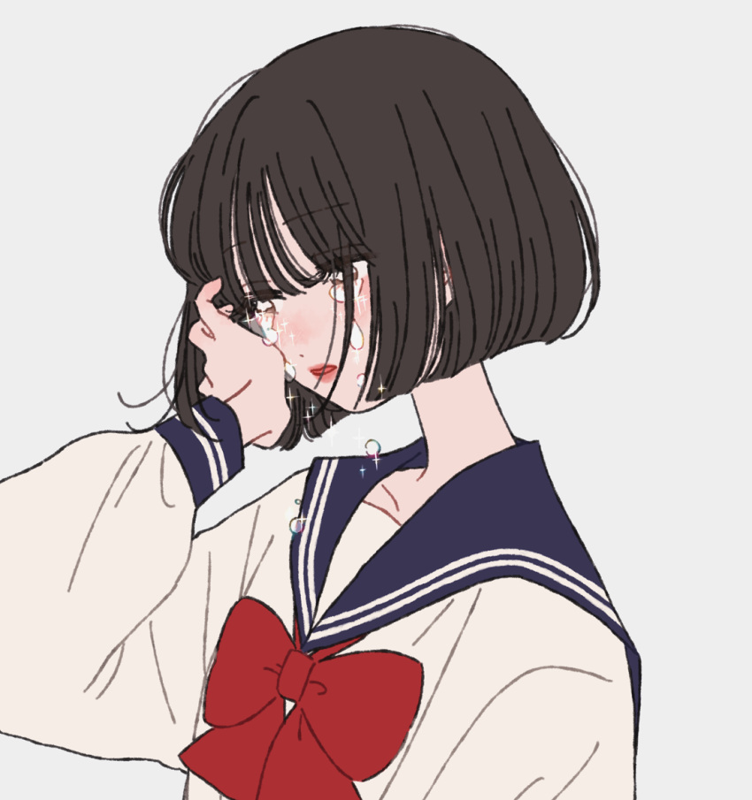 1girl bangs black_hair blue_sailor_collar bob_cut bow crying crying_with_eyes_open from_side hand_in_own_hair long_eyelashes neckerchief original pink_lips red_bow red_neckerchief rikuwo sailor_collar school_uniform serafuku short_hair solo sparkle teardrop tears white_background white_serafuku yellow_eyes