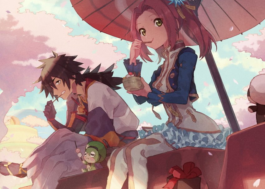 1boy 1girl bangs bienfu_(tales) black_hair boots brown_hair cherry_blossoms creature dango dress eating eleanor_hume food frilled_dress frills gloves green_eyes grin hair_ornament hair_over_one_eye hat ice_cream japanese_clothes long_hair looking_at_viewer normin_(tales) oil-paper_umbrella parted_bangs ponytail rokurou_rangetsu sitting smile tales_of_(series) tales_of_berseria thigh-highs thigh_boots twintails umbrella urabe_(mstchan) wagashi yellow_eyes