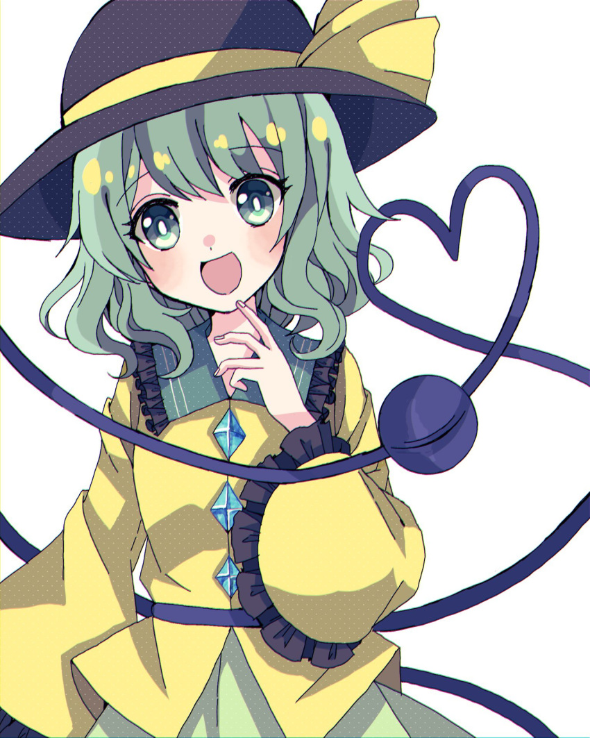 1girl :d black_headwear bow finger_to_mouth frilled_shirt_collar frilled_sleeves frills green_eyes green_hair green_skirt hair_between_eyes hat hat_bow heart heart_of_string highres index_finger_raised komeiji_koishi long_sleeves looking_at_viewer nauka open_mouth shirt short_hair simple_background skirt smile solo third_eye touhou white_background yellow_bow yellow_shirt