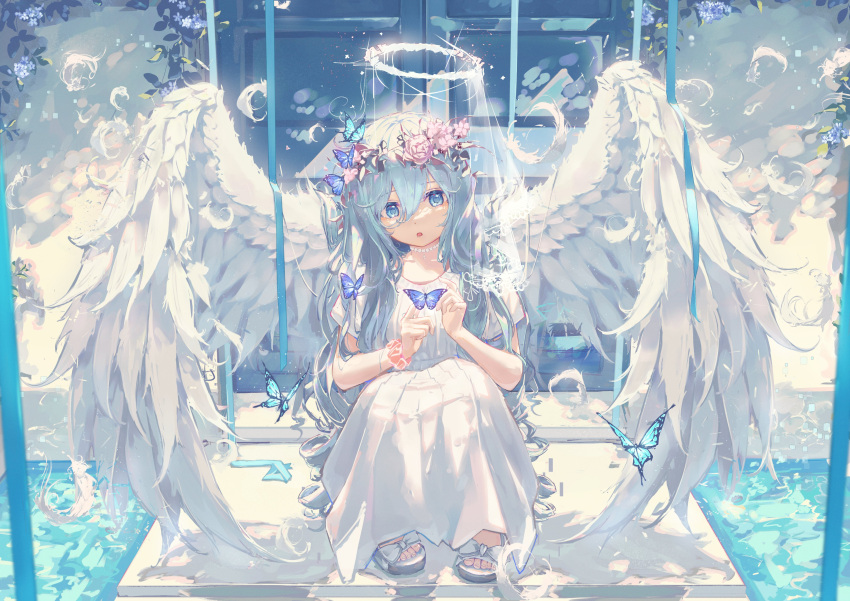 1girl :o absurdres angel angel_wings blue_butterfly blue_eyes blue_flower blue_hair blue_ribbon bow bug butterfly commentary dress feathered_wings feathers flower flower_necklace flower_wreath footwear_bow full_body fuunyon hair_between_eyes halo head_wreath highres long_hair looking_at_animal open_mouth original pink_flower pink_scrunchie ribbon sandals scrunchie short_sleeves solo squatting toenails water white_bow white_dress white_footwear white_wings wings