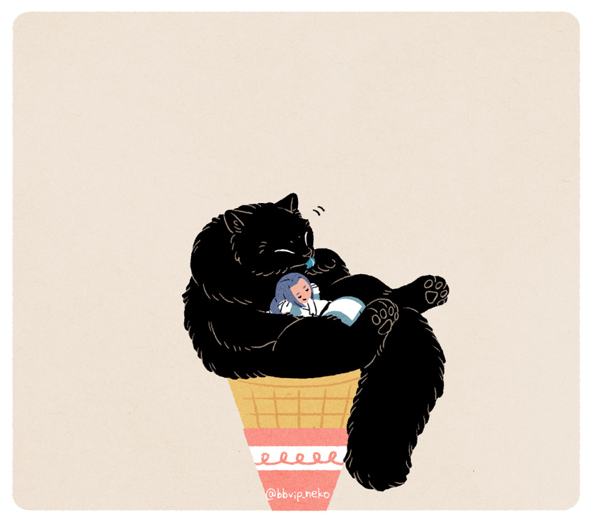 1boy animal bbvip_neko black_cat blue_hair cat closed_eyes ice_cream_cone long_hair luoxiaohei no_nose oversized_animal oversized_food simple_background tan_background the_legend_of_luo_xiaohei twitter_username wuxian_(the_legend_of_luoxiaohei)