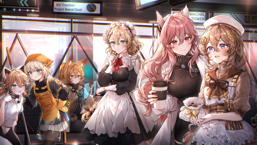 6+girls :t ;p absurdres akanbe animal_ears apron black_dress blonde_hair blue_eyes brown_hair checkerboard_cookie commentary_request cookie cup dress fnc_(girls'_frontline) food fox_ears g36_(girls'_frontline) girls'_frontline_neural_cloud girls_frontline gloves hair_between_eyes hat head_scarf highres holding holding_cookie holding_cup holding_food idw_(girls'_frontline) jacket korean_commentary labcoat long_hair m1897_(girls'_frontline) maid_headdress multiple_girls one_eye_closed open_mouth pantyhose persicaria_(girls'_frontline_nc) pillo pink_eyes pink_hair pleated_skirt pout ribbed_sweater riko_(girls'_frontline_nc) rubber_gloves shirt short_hair skirt smile sweater tongue tongue_out white_shirt white_skirt yellow_eyes