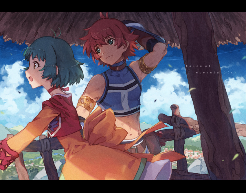 1boy 1girl ahoge arm_behind_head blue_eyes brown_eyes choker cropped_jacket dress farah_oersted gloves green_hair highres looking_away midriff open_mouth orange_dress red_choker redhead reid_hershel short_hair sky smile tales_of_(series) tales_of_eternia urabe_(mstchan)