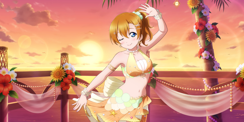 blue_eyes blush kousaka_honoka love_live!_school_idol_festival_all_stars mermaid orange_hair short_hair smile wink