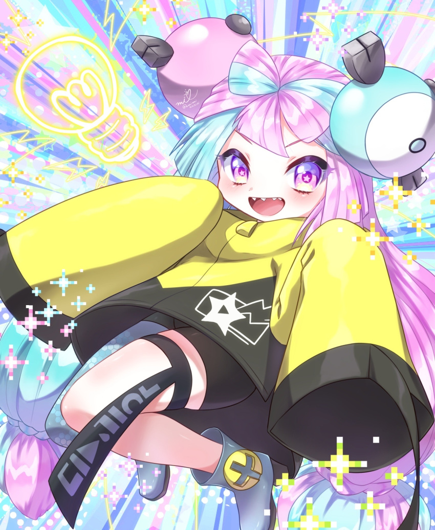 1girl aije bow-shaped_hair character_hair_ornament grey_pantyhose hair_ornament hexagon_print highres iono_(pokemon) jacket long_hair low-tied_long_hair multicolored_hair oversized_clothes pantyhose pokemon pokemon_(game) pokemon_sv sharp_teeth single_leg_pantyhose sleeves_past_fingers sleeves_past_wrists split-color_hair star_(symbol) star_in_eye symbol_in_eye teeth twintails very_long_sleeves x yellow_jacket