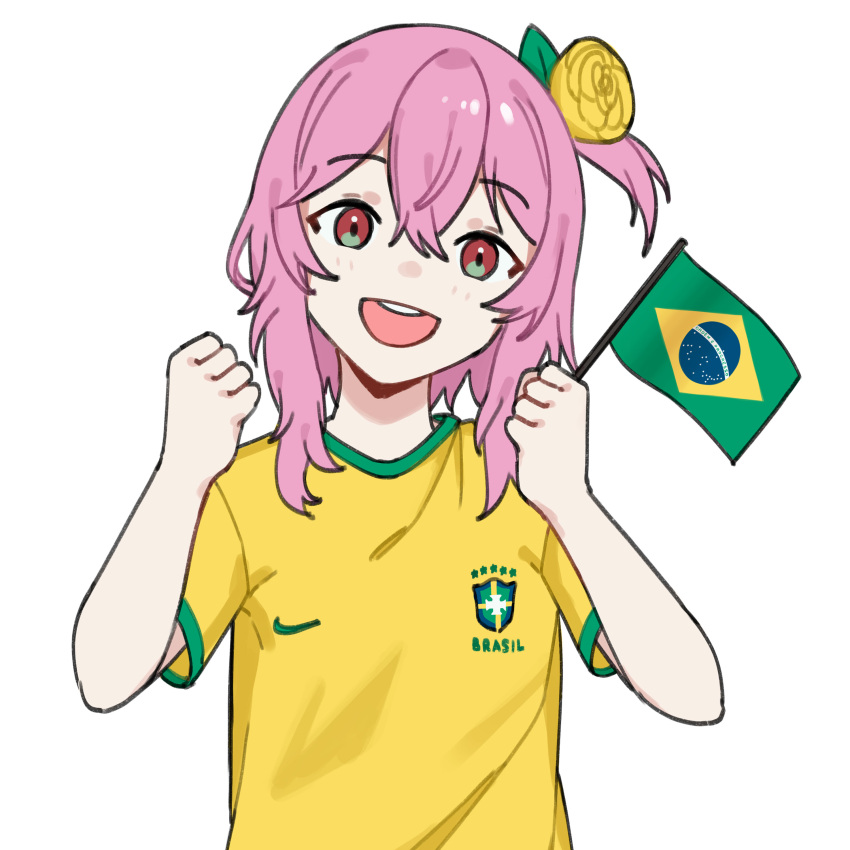 1girl 2022_fifa_world_cup absurdres bangs brazilian_flag clenched_hands flag flower hair_between_eyes hair_flower hair_ornament head_tilt highres holding holding_flag karassawa nijisanji nijisanji_en nike open_mouth portuguese_commentary red_eyes rosemi_lovelock shirt smile solo upper_body virtual_youtuber white_background yellow_flower yellow_shirt