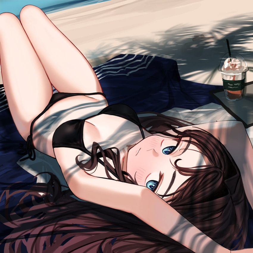 1girl arms_up beach beach_towel bikini black_bikini blue_eyes breasts brown_hair closed_mouth elisia_valfelto highres long_hair looking_at_viewer luicent medium_breasts ocean original sand solo swimsuit towel