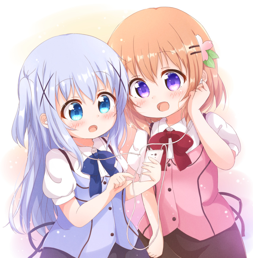 2girls :d :o araki495 bangs black_skirt blue_bow blue_eyes blue_hair blue_skirt blue_vest blush bow brown_hair cellphone collared_shirt commentary dress_shirt earphones earphones gochuumon_wa_usagi_desu_ka? hair_between_eyes hair_ornament hairclip hand_up highres holding holding_phone hoto_cocoa kafuu_chino long_hair multiple_girls open_mouth phone pink_vest puffy_short_sleeves puffy_sleeves rabbit_house_uniform red_bow revision shared_earphones shirt short_sleeves skirt smile two_side_up uniform very_long_hair vest violet_eyes waitress white_shirt x_hair_ornament