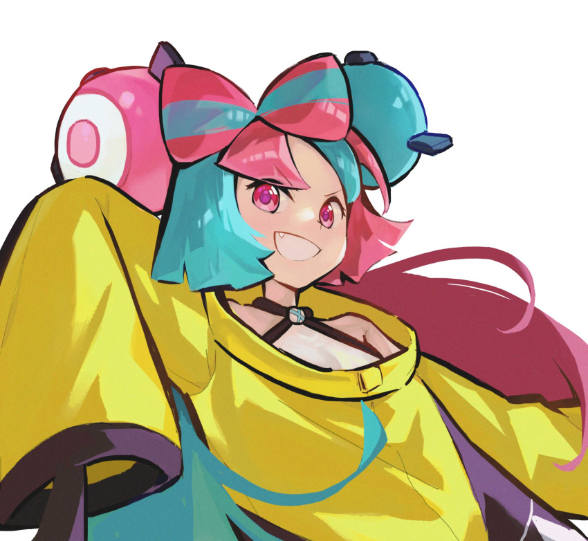 1girl :d blue_hair bow-shaped_hair coat fang fuxiang halterneck highres iono_(pokemon) light_blue_hair long_hair long_sleeves magnemite magnet multicolored_hair one-eyed open_mouth pink_eyes pink_hair pokemon pokemon_(creature) pokemon_(game) pokemon_sv simple_background sleeves_past_fingers sleeves_past_wrists smile twintails two-tone_hair v-shaped_eyebrows white_background yellow_coat