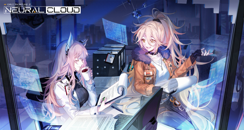 2girls absurdres animal_ears black_gloves blonde_hair breasts cat_ears character_name choker clipboard closed_eyes coffee collarbone commentary cup desk english_commentary fingerless_gloves fur_collar girls'_frontline_neural_cloud girls_frontline gloves hair_ornament hair_scrunchie highres holding holding_clipboard holding_cup id_card jacket jewelry kanose keyboard_(computer) labcoat large_breasts long_hair long_sleeves looking_at_another monitor mug multiple_girls necklace on_desk open_mouth orange_jacket paper persicaria_(girls'_frontline_nc) pink_hair ponytail revision ribbed_shirt scrunchie second-party_source shirt smile sol_(girls'_frontline_nc) white_shirt yellow_eyes