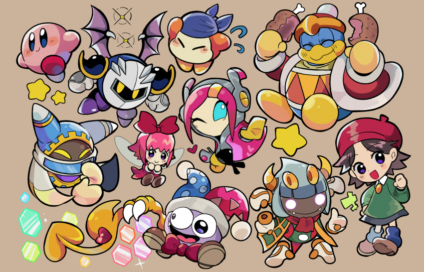 2boys 3girls adeleine armor bandana bandana_waddle_dee bat_wings beak beret blue_bandana blue_eyes blush blush_stickers boned_meat boots bow brown_background brown_footwear brown_hair cloak closed_eyes closed_mouth coat collared_dress commentary_request crazy_eyes dark_skin dress eating eyelashes eyes_in_shadow fairy fairy_wings fang fangs fangs_out flying_sweatdrops food full_body fur-trimmed_coat fur_trim gloves glowing glowing_eyes green_dress grey_hair hair_bow hat highres holding holding_food jester_cap king_dedede kirby kirby's_return_to_dream_land kirby:_planet_robobot kirby:_triple_deluxe kirby_(series) kirby_64 kirby_super_star long_sleeves magolor marx_(kirby) mask meat meta_knight miru_(milusour) multicolored_clothes multicolored_headwear multiple_boys multiple_girls one_eye_closed open_mouth pink_dress pink_hair pom_pom_(clothes) purple_footwear red_bow red_coat red_headwear red_scarf ribbon_(kirby) scarf shoes short_hair shoulder_armor simple_background smile solid_oval_eyes standing star_(symbol) susie_(kirby) taranza violet_eyes white_gloves wings yellow_eyes