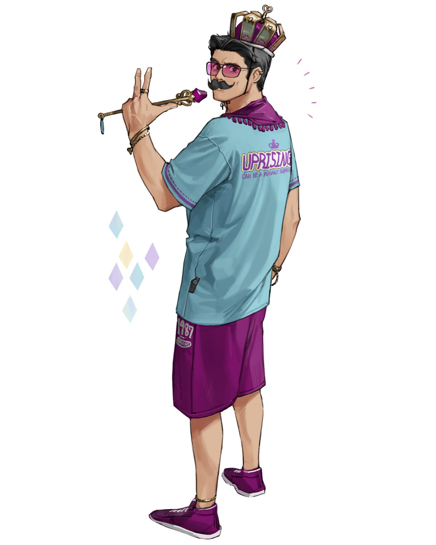 1boy black_hair blue_shirt crown ear_piercing earrings facial_hair from_behind hand_up highres holding holding_scepter jewelry male_focus mustache original piercing print_shirt purple-tinted_eyewear purple_footwear purple_shorts ring rinotuna scepter shirt shoes short_hair shorts solo tinted_eyewear white_background