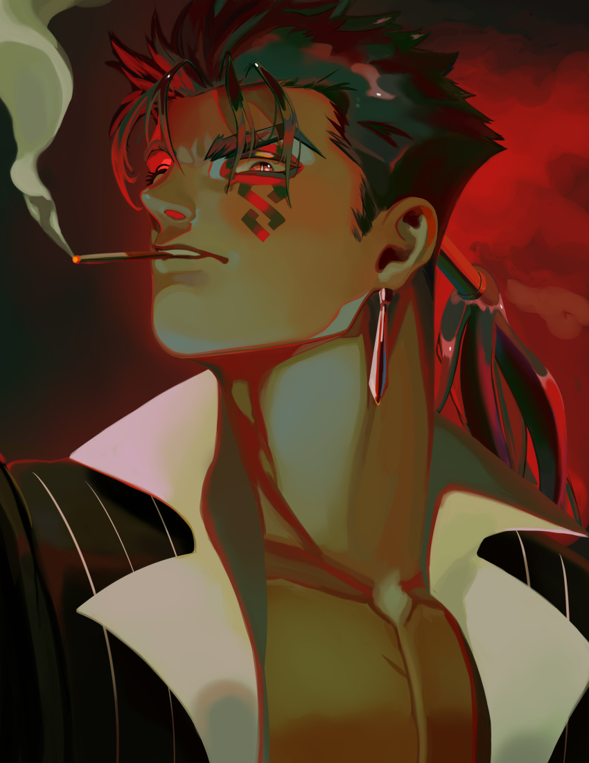 1boy absurdres alternate_costume angry beads blue_hair cigarette collarbone cu_chulainn_(fate) cu_chulainn_alter_(fate) dark_blue_hair dark_persona earrings english_commentary facepaint fate/grand_order fate_(series) formal hair_beads hair_ornament highres jewelry lacu_lain long_hair looking_at_viewer looking_down male_focus ponytail red_eyes slit_pupils smoking solo spiky_hair