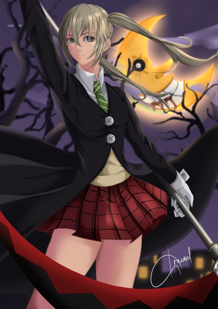 bare_tree blood blood_from_mouth brown_shirt building buttons clenched_teeth clouds crescent_moon drawnielart forest green_eyes green_necktie grey_hair highres holding holding_scythe holding_weapon long_coat maka_albarn moon nature necktie night night_sky plaid plaid_skirt red_skirt school_uniform scythe shirt short_twintails signature skirt sky soul_eater striped_necktie teeth tree twintails undershirt weapon window