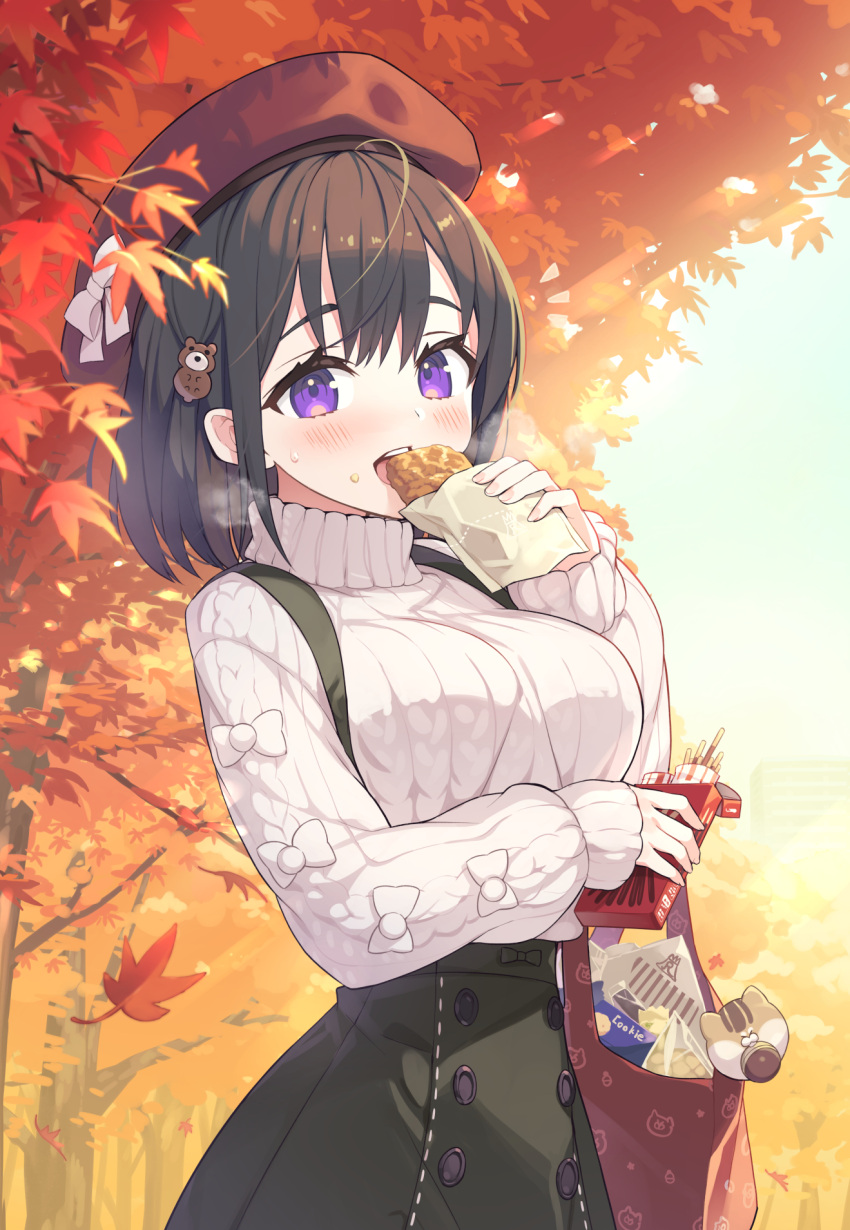 1girl :d autumn autumn_leaves bag bangs bear_hair_ornament beret black_hair black_skirt blush branch breasts commentary_request croquette food food_on_face hair_between_eyes hair_ornament hat high-waist_skirt highres holding holding_food large_breasts long_sleeves looking_at_viewer original pocky puffy_long_sleeves puffy_sleeves red_headwear skirt sleeves_past_wrists smile solo suspender_skirt suspenders sweat sweater tam-u teeth thick_eyebrows tree turtleneck turtleneck_sweater upper_teeth violet_eyes white_sweater