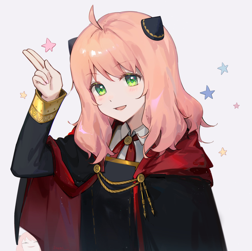 1girl aged_up ahoge anya_(spy_x_family) bangs bow bowtie cape cloak collared_shirt commentary_request dress eden_academy_uniform green_eyes hairpods hand_up highres light_blush long_hair long_sleeves looking_at_viewer open_mouth pink_hair rainry red_bow red_bowtie salute school_uniform shirt simple_background smile solo spy_x_family star_(symbol) two-finger_salute upper_body white_background white_shirt