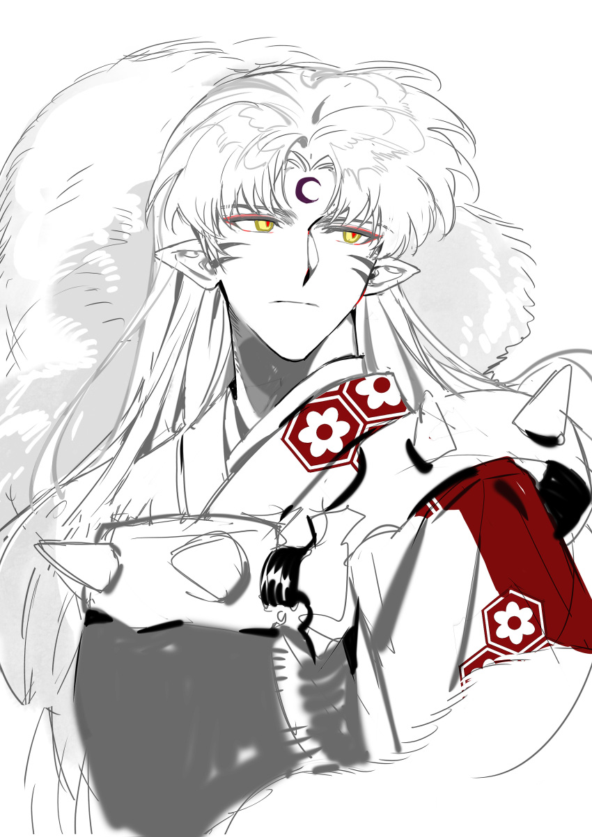 1boy absurdres armor bangs closed_mouth demon_boy facial_mark forehead_mark highres inuyasha japanese_armor japanese_clothes kuku_(kuza0112) long_hair looking_to_the_side male_focus parted_bangs pointy_ears portrait red_pupils sesshoumaru shoulder_spikes sketch solo spikes upper_body white_background white_fur white_hair yellow_eyes