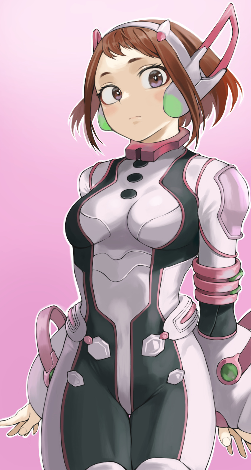 1girl absurdres arms_at_sides black_bodysuit blush_stickers bob_cut bodysuit boku_no_hero_academia breasts brown_hair closed_mouth commentary cowboy_shot fengling_(furin-jp) gradient gradient_background helmet highres light_frown looking_at_viewer medium_breasts pink_background pink_bodysuit short_bangs short_eyebrows short_hair sidelocks simple_background solo standing thigh_gap uraraka_ochako violet_eyes