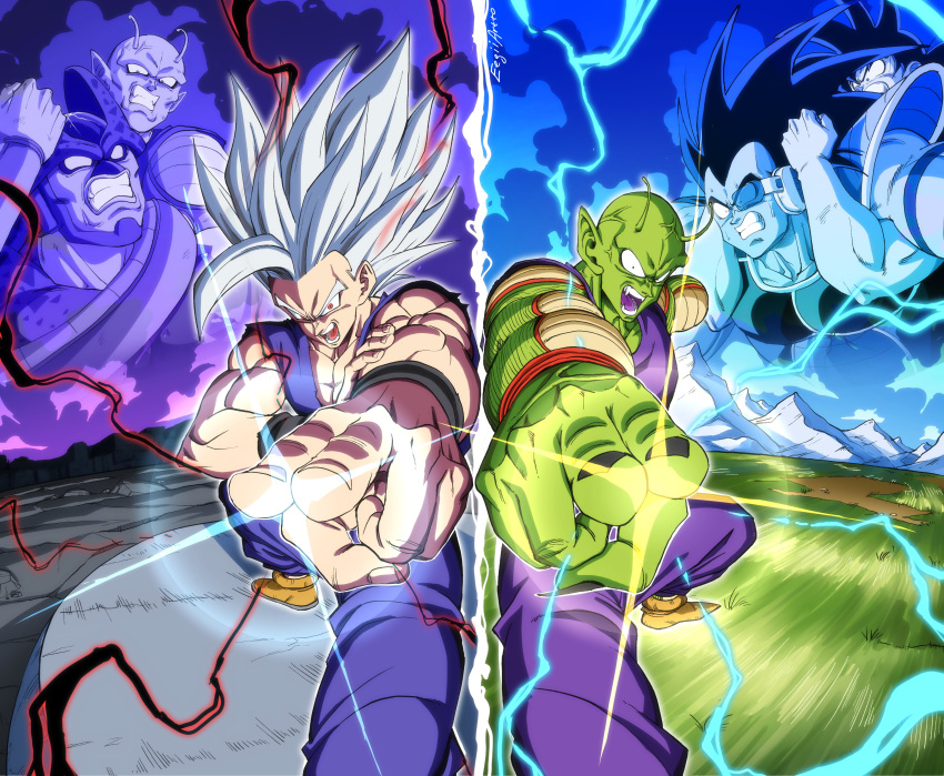 5boys absurdres amputee big_hair black_hair cell_max colored_skin dragon_ball dragon_ball_super dragon_ball_super_super_hero dragon_ball_z eegiiartto full_nelson gohan_beast green_skin grey_hair highres incoming_attack makankousappou multiple_boys open_mouth orange_piccolo piccolo raditz red_eyes restrained saiyan_armor shouting son_gohan son_goku spiky_hair standing wristband