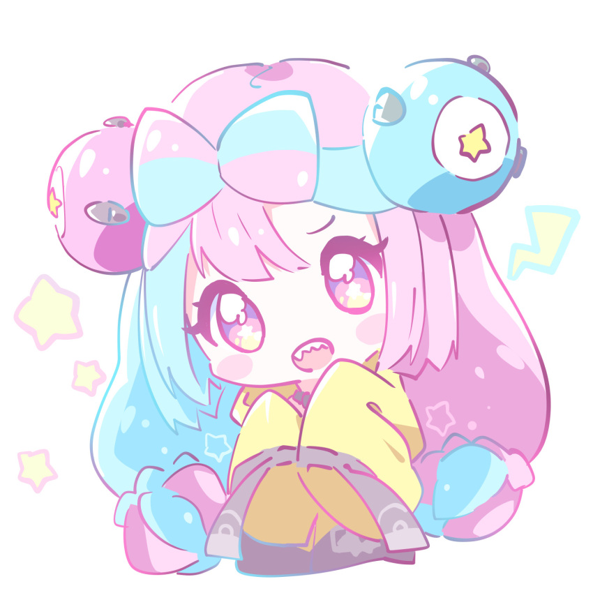 1girl :d aqua_hair bangs blush_stickers character_hair_ornament chibi commentary_request eyelashes hair_ornament highres iono_(pokemon) jacket long_hair mirai_(sugar) multicolored_hair open_mouth pink_hair pokemon pokemon_(game) pokemon_sv sleeves_past_fingers sleeves_past_wrists smile solo star_(symbol) teeth two-tone_hair upper_body upper_teeth violet_eyes yellow_jacket