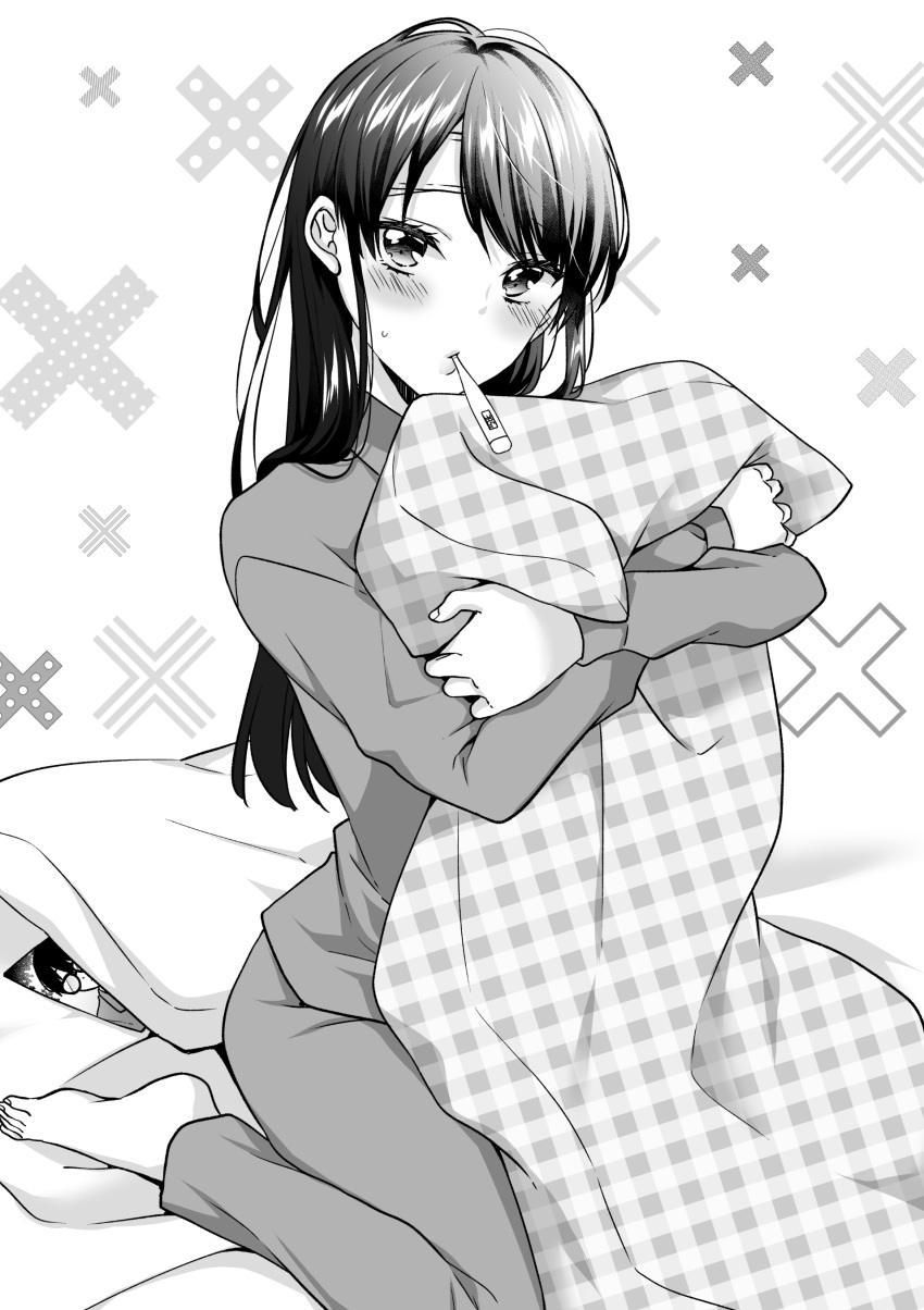 1girl absurdres bangs barefoot blanket blush closed_mouth greyscale highres ice_cream_kanojo kawai_miruku kuune_rin long_hair looking_at_viewer monochrome mouth_hold object_hug pajamas pants plaid shirt simple_background sitting solo thermometer unmoving_pattern wariza white_background x