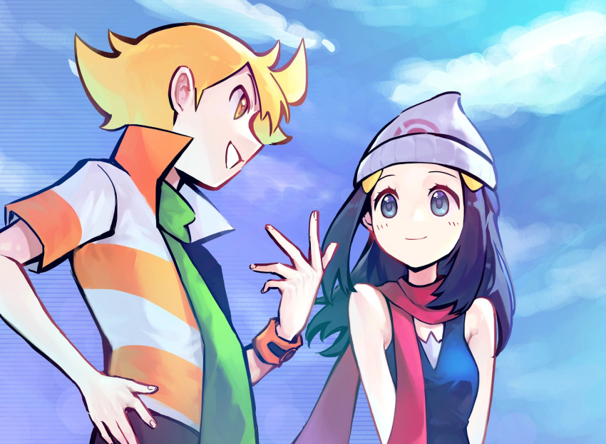 1boy 1girl bare_shoulders barry_(pokemon) beanie blue_eyes blue_hair blue_sky closed_mouth clouds dark_blue_hair day fingernails fuxiang green_scarf hair_ornament hand_on_hip hat high_collar highres hikari_(pokemon) long_hair looking_at_another pink_scarf pokemon pokemon_(game) pokemon_dppt poketch scarf shirt short_sleeves sideways_mouth sky smile striped striped_shirt watch watch white_headwear