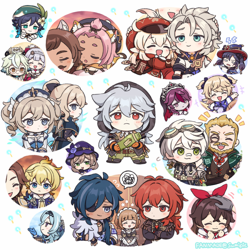 6+boys 6+girls :d adelinde_(genshin_impact) albedo_(genshin_impact) amber_(genshin_impact) animal_ears bangs bangs_pinned_back barbara_(genshin_impact) bennett_(genshin_impact) blunt_bangs bow bowtie braid cabbie_hat cat_boy cat_ears cat_girl cat_tail chibi clover_print commentary_request cyrus_(genshin_impact) detached_sleeves diluc_(genshin_impact) diona_(genshin_impact) draff_(genshin_impact) eula_(genshin_impact) eyepatch fischl_(genshin_impact) flower forehead genshin_impact goggles goggles_on_head habit hair_between_eyes hair_ornament hair_over_one_eye hair_ribbon hairband hat hat_flower hat_ornament highres hood jean_(genshin_impact) kaeya_(genshin_impact) klee_(genshin_impact) lisa_(genshin_impact) long_hair long_sleeves looking_at_viewer low_twintails mika_(genshin_impact) mona_(genshin_impact) multicolored_hair multiple_boys multiple_girls noelle_(genshin_impact) nun pointy_ears ponytail razor_(genshin_impact) ribbon rosaria_(genshin_impact) short_hair short_sleeves sidelocks simple_background single_braid smile streaked_hair sucrose_(genshin_impact) sumipic tail twintails venti_(genshin_impact) witch_hat