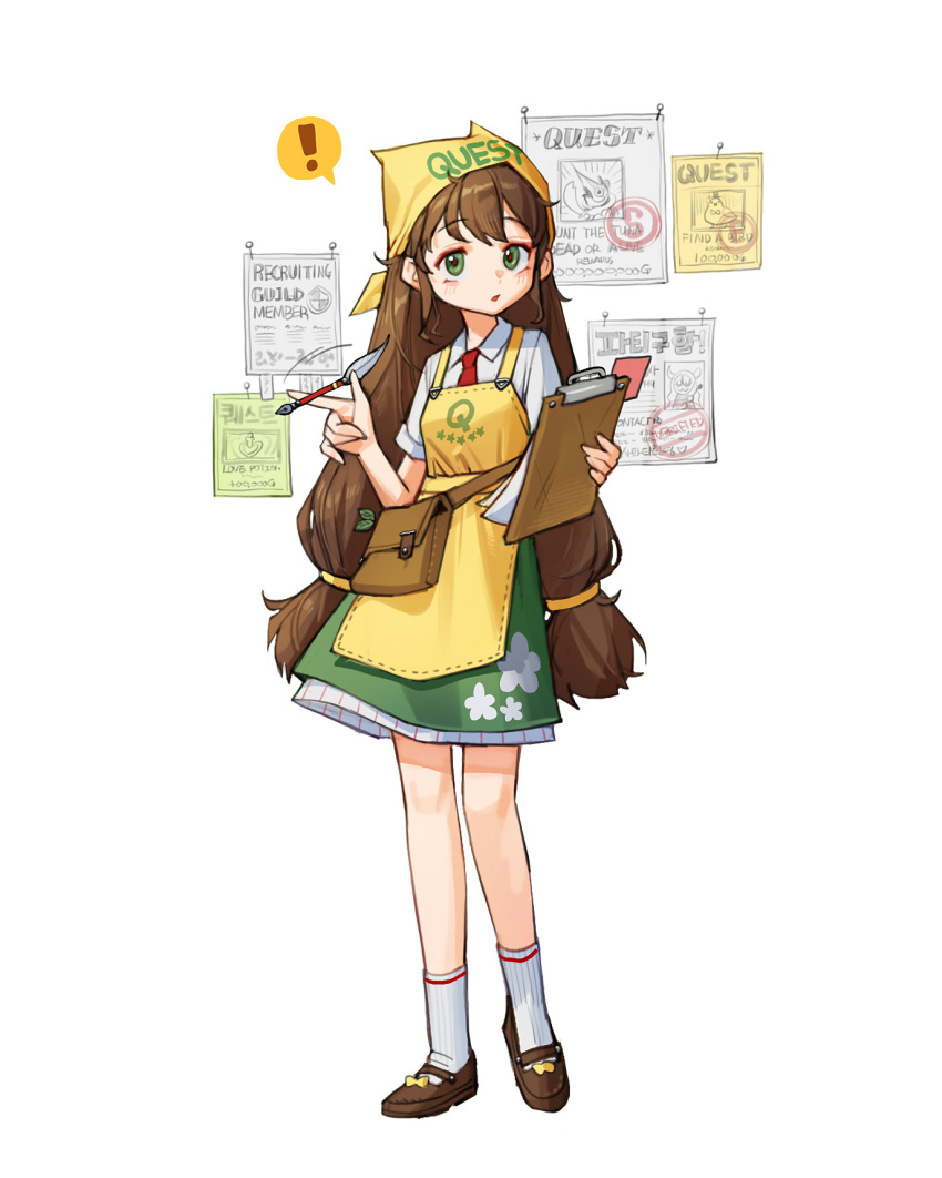 ! 1girl apron bangs brown_bag brown_footwear brown_hair clipboard collared_shirt green_eyes green_skirt highres holding holding_clipboard long_hair looking_at_viewer low-tied_long_hair necktie original red_necktie rinotuna shadow shirt shoes short_sleeves skirt socks solo spoken_exclamation_mark twintails very_long_hair white_background white_shirt white_socks yellow_apron