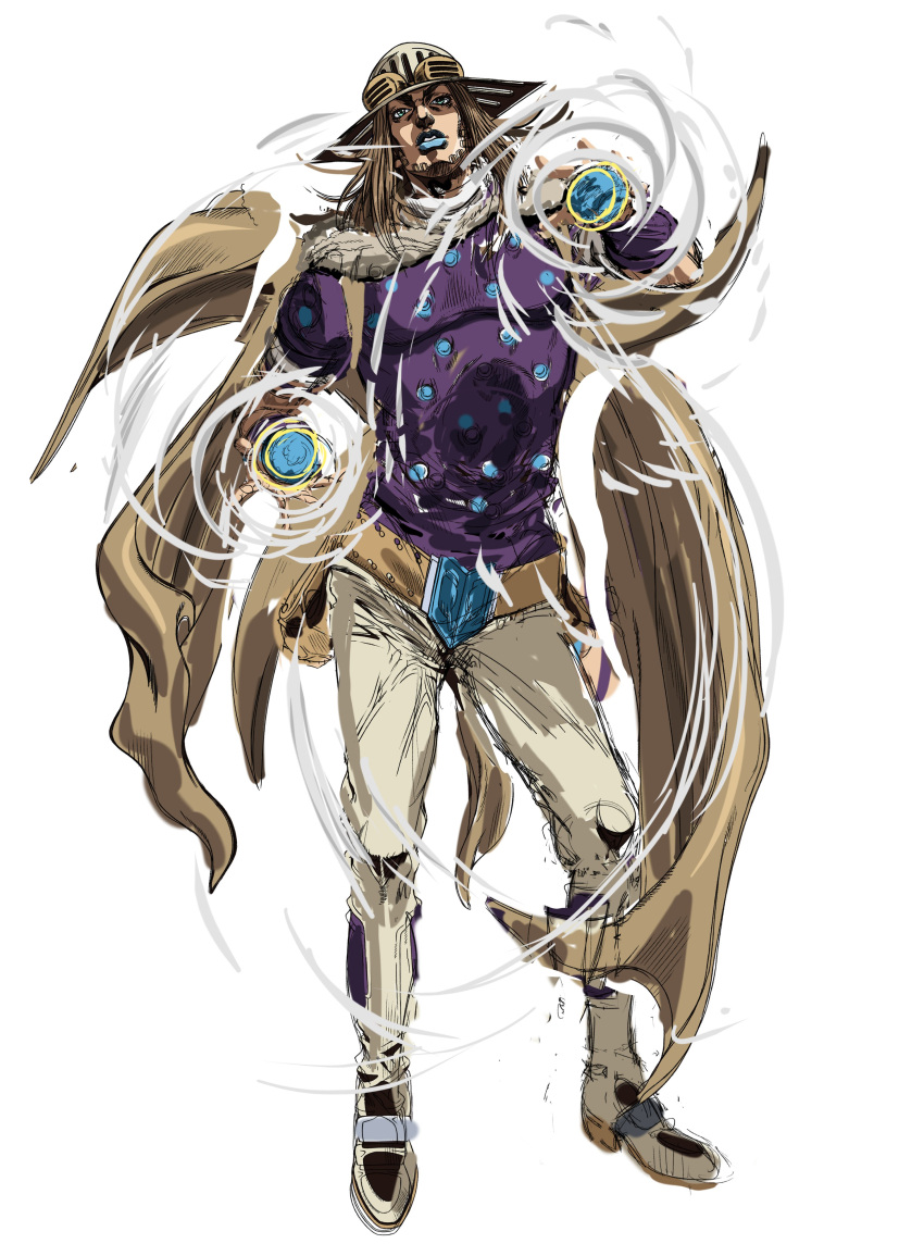 1boy absurdres belt blue_lips boots brown_cape cape contrapposto full_body grandguerrilla green_eyes grey_pants gyro_zeppeli hat highres jojo_no_kimyou_na_bouken looking_at_viewer male_focus pants parted_lips purple_shirt shirt simple_background solo standing steel_ball_run white_background