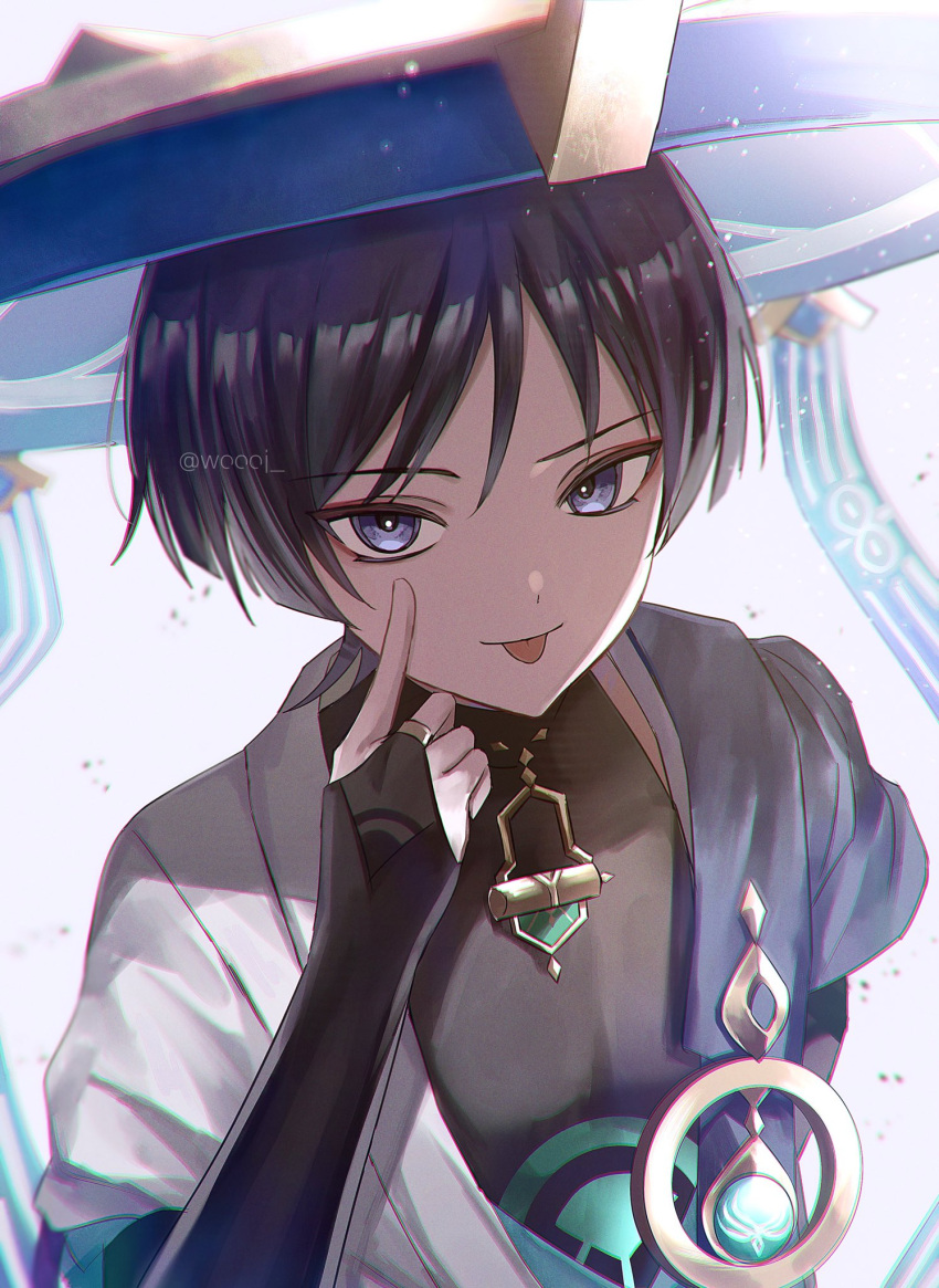 1boy akanbe bangs bishounen black_hair commentary detached_sleeves genshin_impact hair_between_eyes hat highres japanese_clothes jewelry jingasa looking_at_viewer male_focus scaramouche_(genshin_impact) short_hair signature simple_background smile solo symbol-only_commentary tongue tongue_out violet_eyes white_background woooi