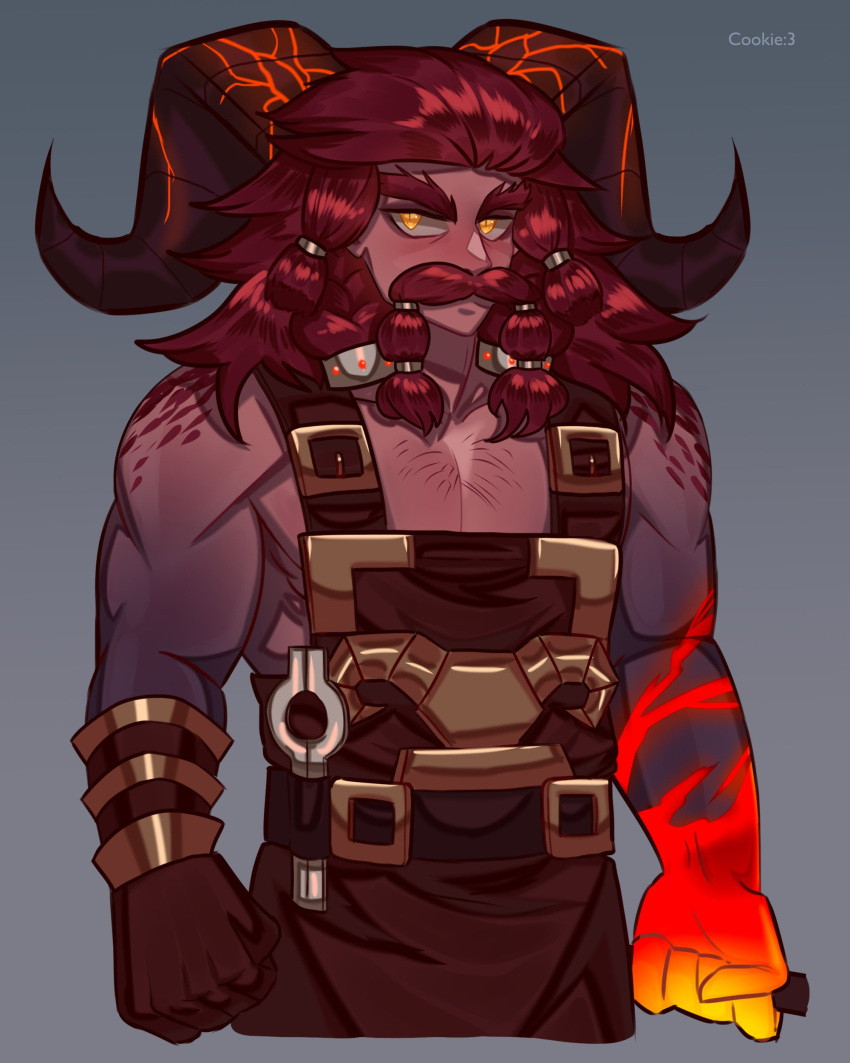1boy absurdres apron bangs belt brown_apron brown_gloves chest_hair clenched_hands collarbone colored_skin cookie3w3 facial_hair gloves gradient gradient_background grey_background highres holding horns humanization league_of_legends long_hair muscular muscular_male mustache ornn red_skin redhead shiny shiny_hair solo yellow_eyes