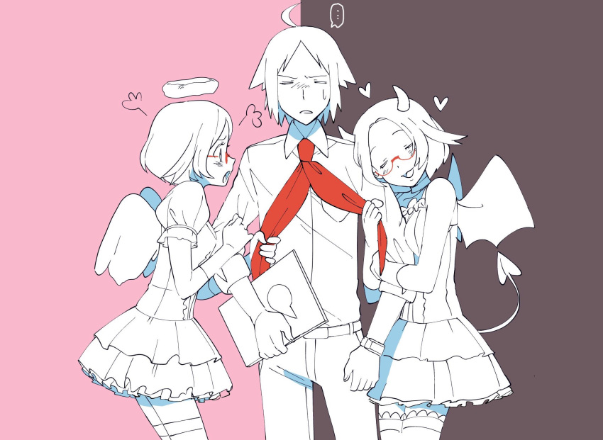 ... 1boy 2girls angel_and_devil angel_wings bat_wings bianca_(pokemon) cheren_(pokemon) collared_shirt demon_tail dual_persona halo highres holding_another's_arm horns multiple_girls nashubi_(to_infinity_wow) necktie open_mouth pokemon pokemon_(game) pokemon_bw2 shirt smile sweat tail wings xtransceiver