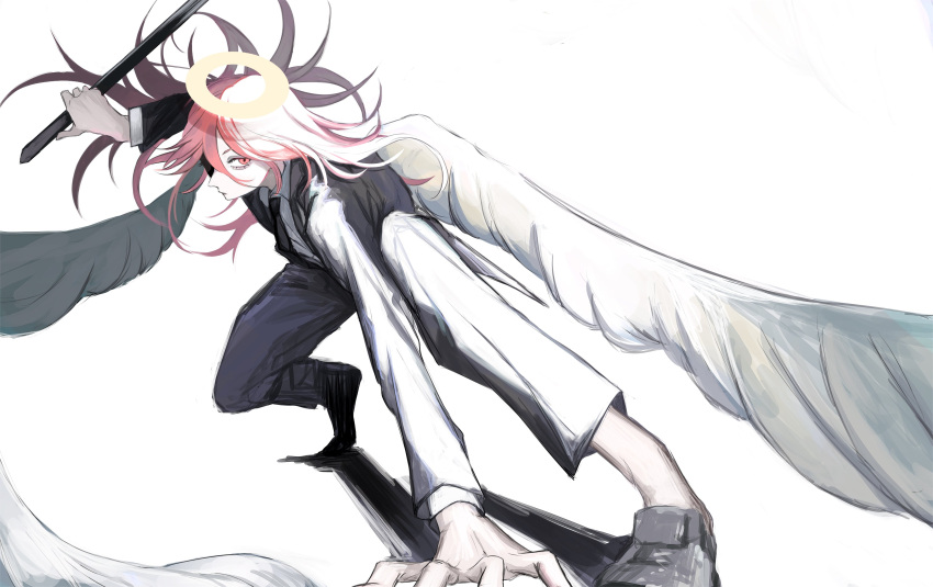 1boy absurdres angel_devil_(chainsaw_man) black_jacket black_necktie chainsaw_man eeeemajikaw floating_hair formal hair_over_one_eye halo hand_on_floor highres holding holding_weapon jacket long_hair looking_at_viewer necktie redhead simple_background solo suit weapon white_background white_wings wings