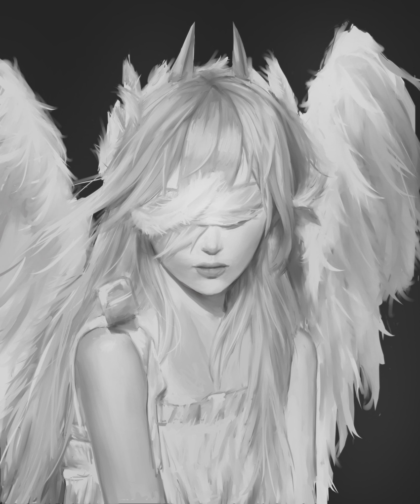 1girl angel_wings chainsaw_man covered_eyes dress feathered_wings feathers floating_hair grey_background greyscale hair_between_eyes highres horns long_hair messy_hair monochrome niroxin power_(chainsaw_man) simple_background solo white_dress white_wings wings