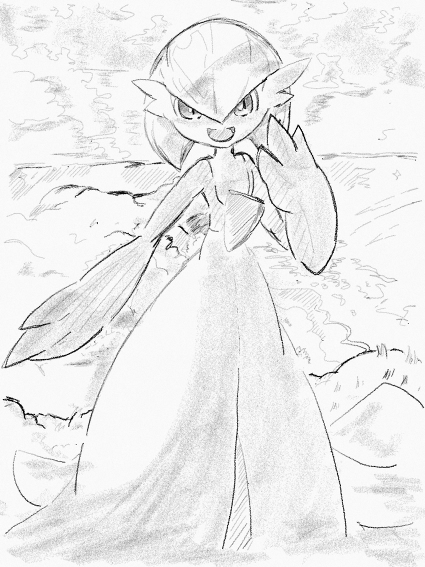 1girl bangs bob_cut clouds commentary_request flat_chest full_body gardevoir grey_background greyscale hair_between_eyes hand_up happy highres looking_at_viewer monochrome munna_(pixiv_4032814) open_mouth outdoors partial_commentary pokemon pokemon_(creature) short_hair sketch sky smile solo standing traditional_media
