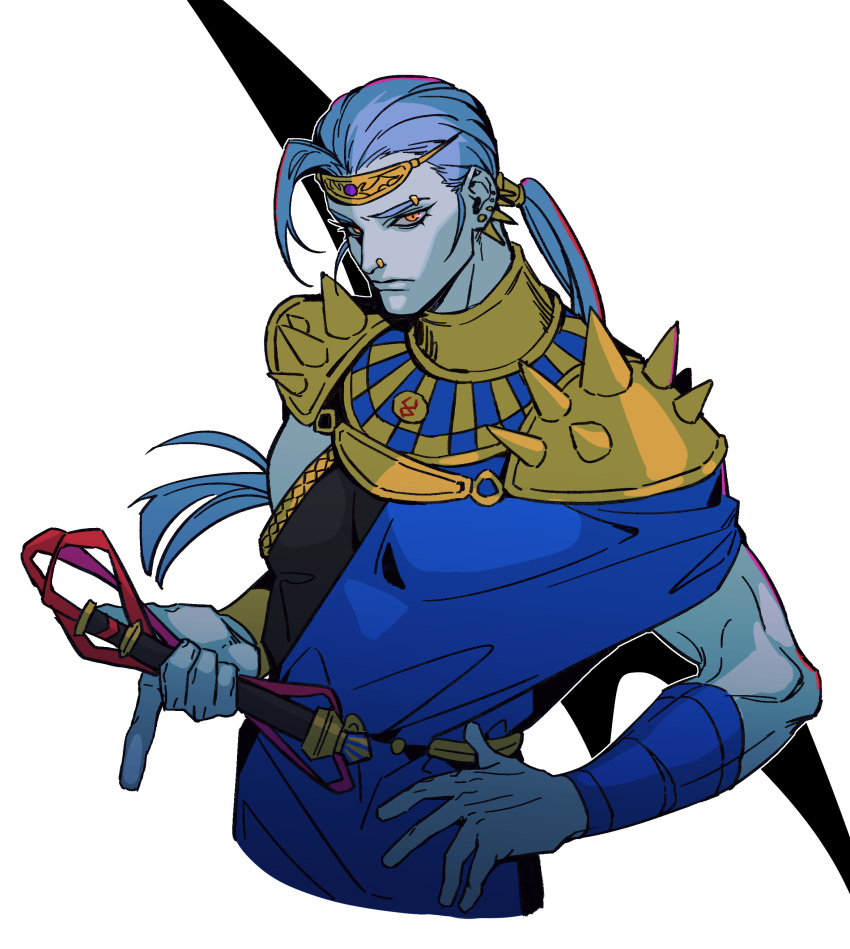 1boy absurdres armor blue_hair blue_skin chinese_commentary chromatic_aberration colored_skin expressionless fan_mu_zhang greek_clothes hades_(game) hand_on_hip highres holding holding_whip long_hair looking_at_viewer male_focus megaera_(hades) orange_eyes ponytail shoulder_armor solo upper_body weapon