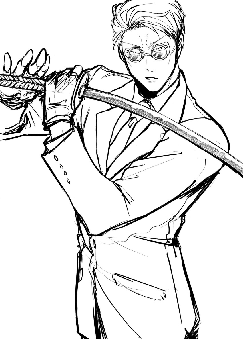 1boy 96gomaice absurdres fingerless_gloves formal gloves goggles highres holding holding_sword holding_weapon jujutsu_kaisen long_sleeves male_focus monochrome nanami_kento parted_lips short_hair solo standing suit sword weapon