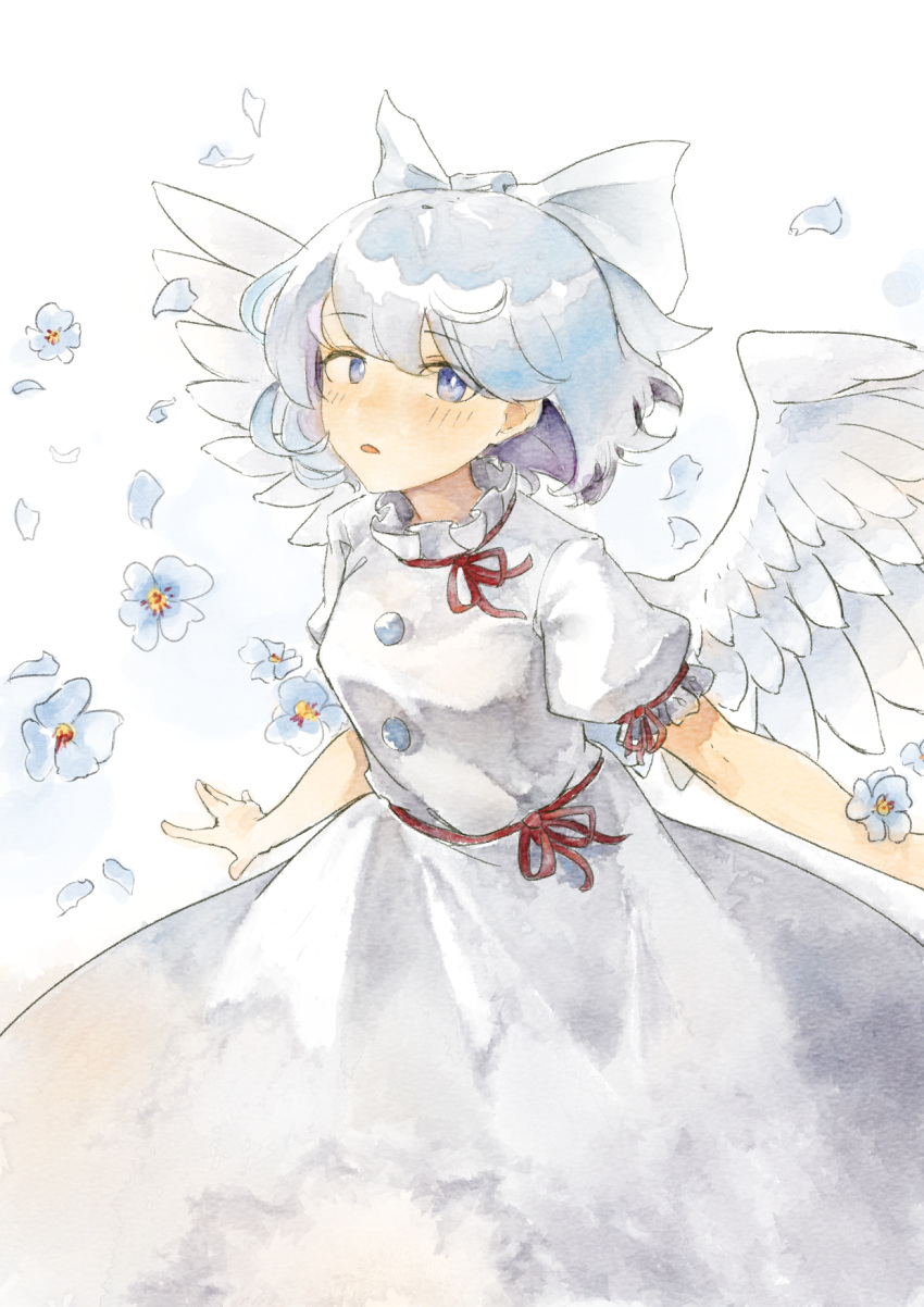 1girl angel_wings blue_eyes blue_flower blue_hair bow buttons clip_studio_paint_(medium) commentary_request dress feathered_wings flower frilled_sleeves frills hair_bow highres hyoutan_tan mai_(touhou) open_mouth petals puffy_short_sleeves puffy_sleeves red_ribbon red_sash ribbon sash short_sleeves solo touhou touhou_(pc-98) upper_body wavy_hair white_bow white_dress white_wings wings